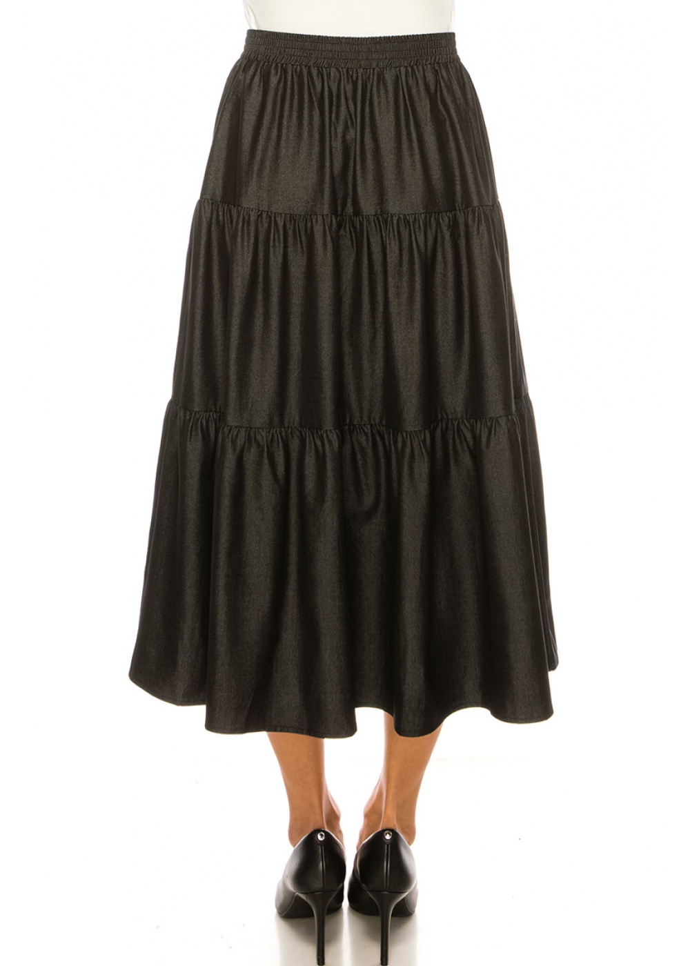Black Denim Midi Tiered Skirt