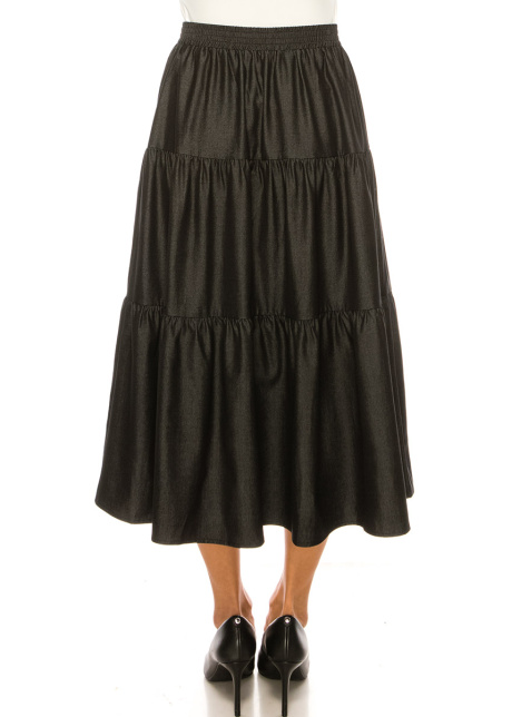 Black Denim Midi Tiered Skirt