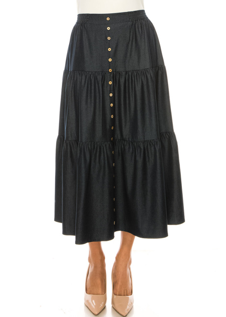 Dark Blue Denim Midi Tiered Skirt