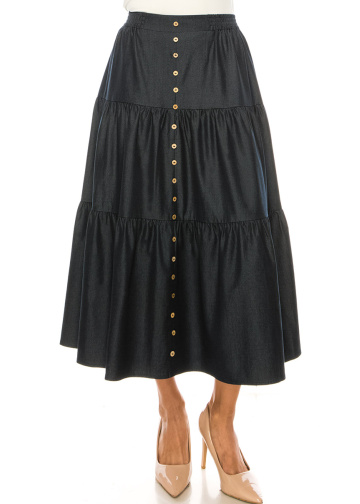 Dark Blue Denim Midi Tiered Skirt