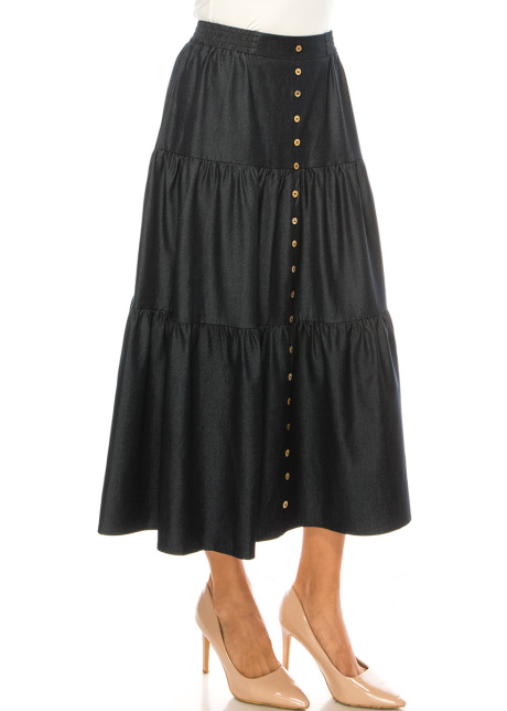 Dark Blue Denim Midi Tiered Skirt
