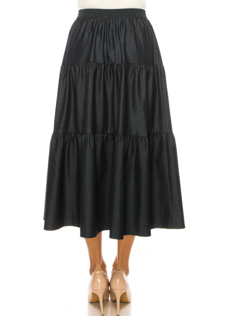 Dark Blue Denim Midi Tiered Skirt