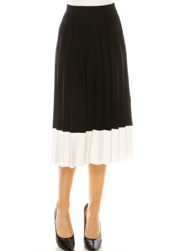 Black Pleated Midi Skirt With White Hem