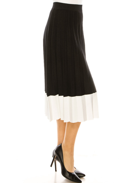 Black Pleated Midi Skirt With White Hem