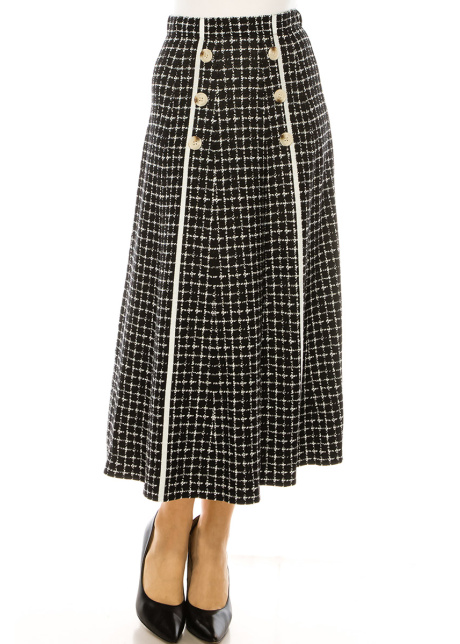  Black Checkered Pattern Midi Skirt