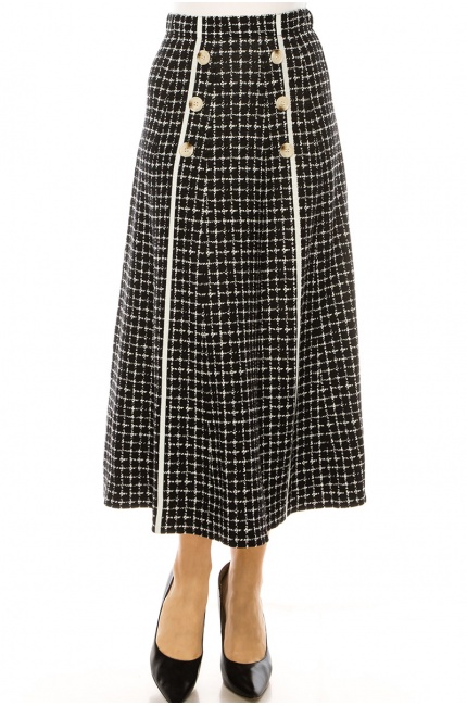  Black Checkered Pattern Midi Skirt