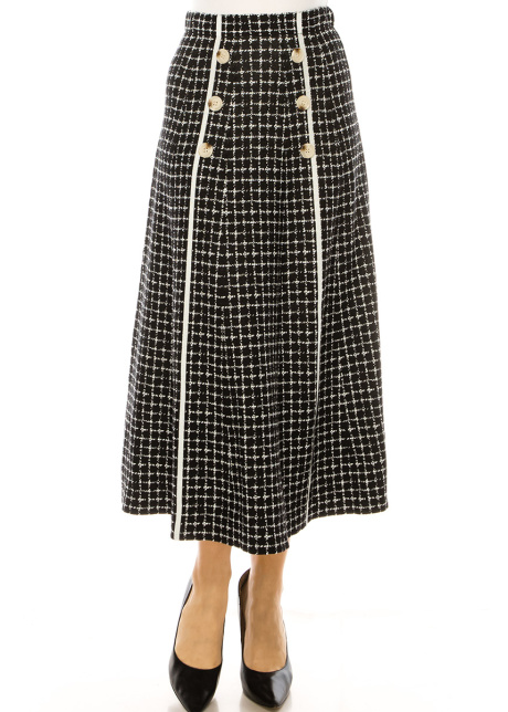  Black Checkered Pattern Midi Skirt