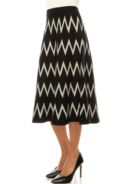 Black Zig Zag Print Midi Skirt