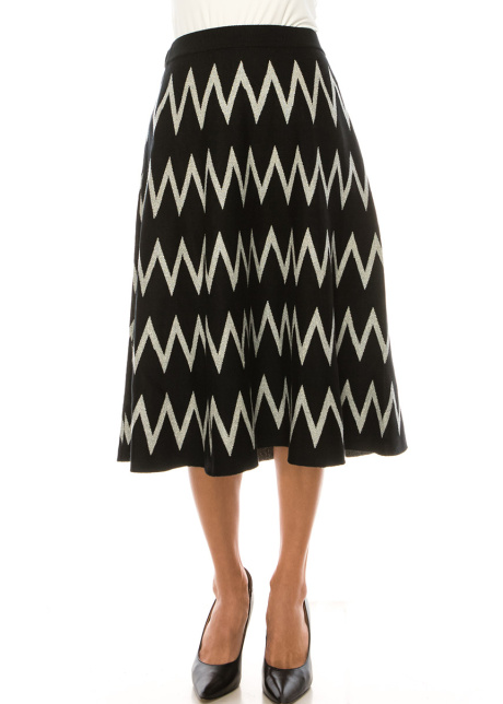 Black Zig Zag Print Midi Skirt