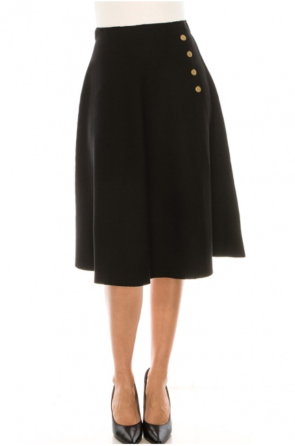 Stylish Black Midi Skirt With Buttons Details