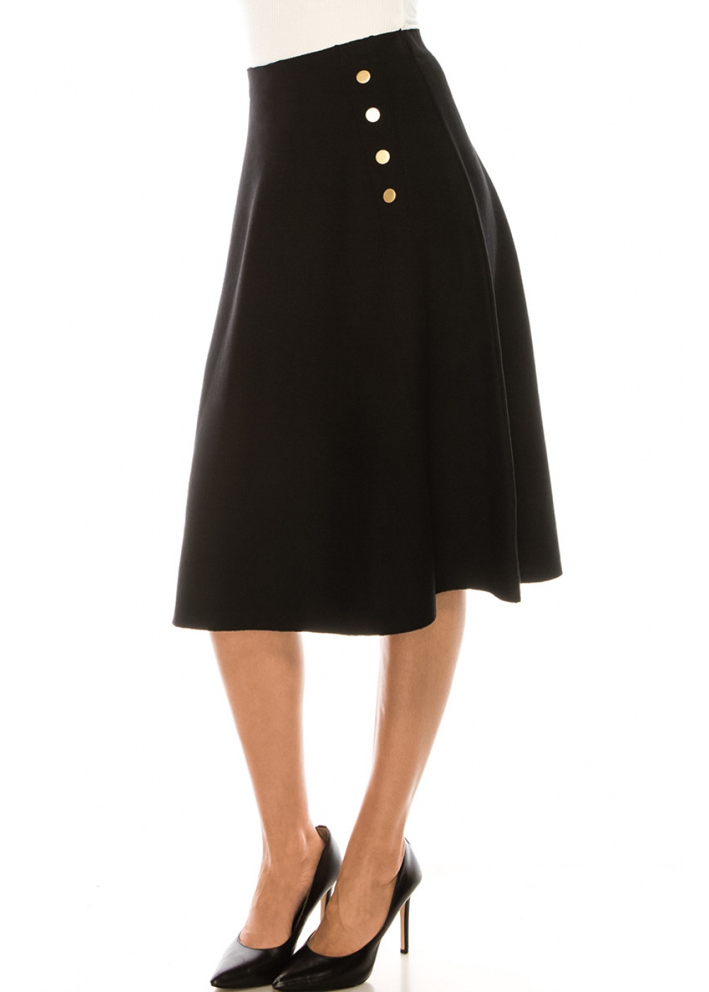 Stylish Black Midi Skirt With Buttons Details