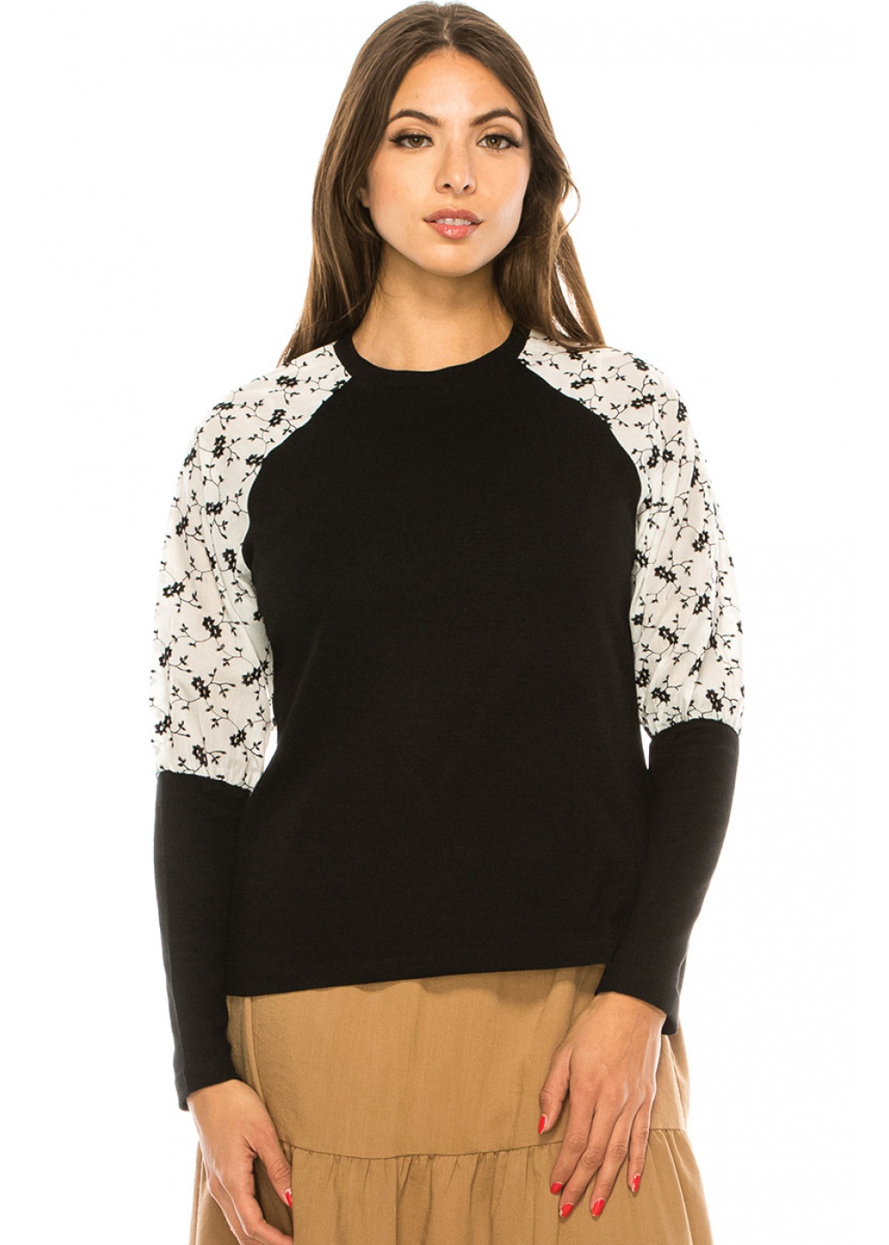 Crew Neck T-Shirt with Printed Long Sleeves