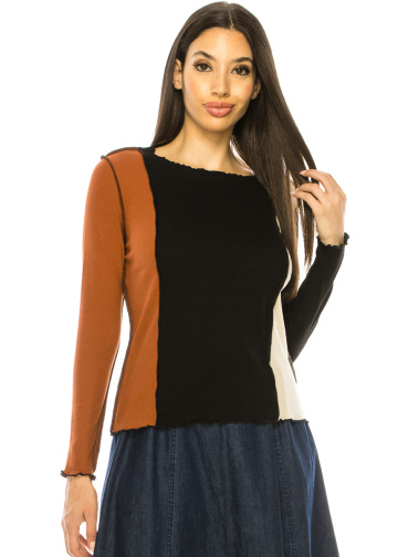 Color Block Boat Neck Long Sleeve T-Shirt