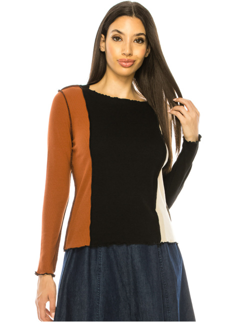 Color Block Boat Neck Long Sleeve T-Shirt