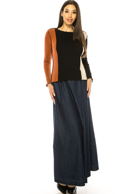 Color Block Boat Neck Long Sleeve T-Shirt