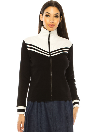 Black And White Zip Closure Long Sleeve T-Shirt