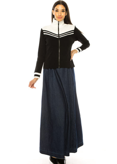 Black And White Zip Closure Long Sleeve T-Shirt
