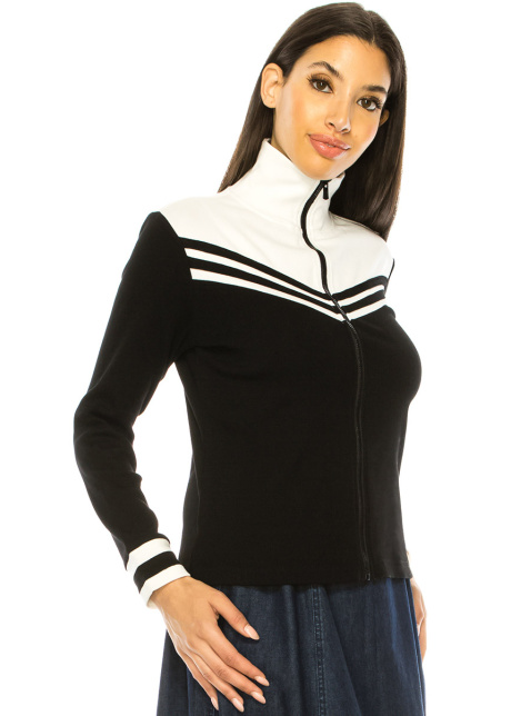 Black And White Zip Closure Long Sleeve T-Shirt