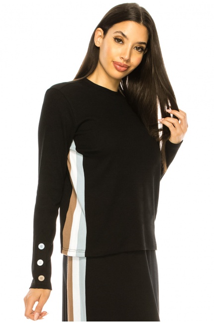 Black Long Sleeve T-Shirt With Colorful Side Stripes