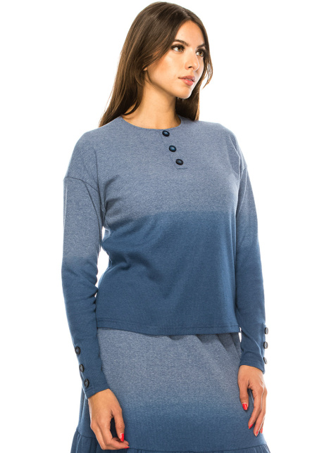 Button Details Blue Long Sleeve T-Shirt