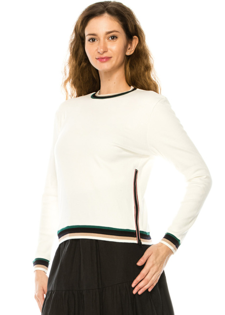 White Long Sleeve T-Shirt With Side Zipper