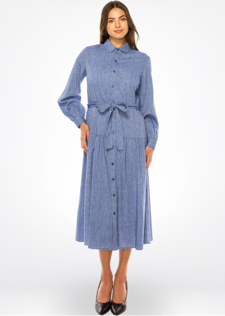 Sky-Blue Linen Buttoned Dress