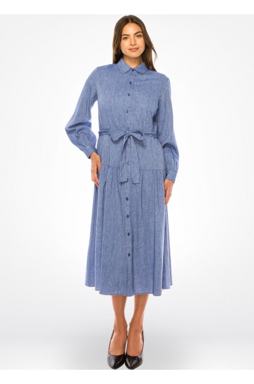 Sky-Blue Linen Buttoned Dress
