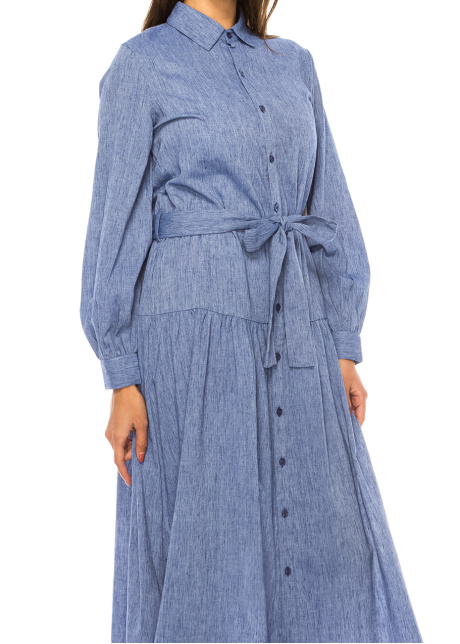Sky-Blue Linen Buttoned Dress
