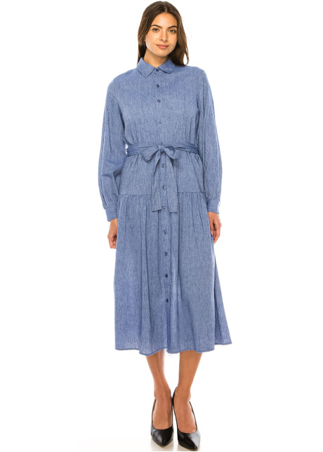 Sky-Blue Linen Buttoned Dress
