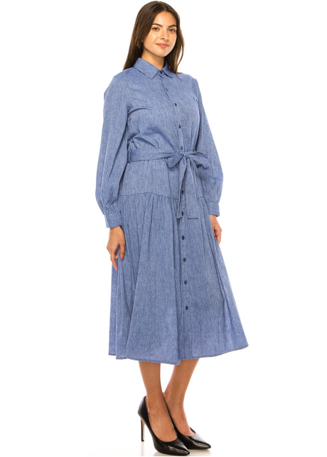 Sky-Blue Linen Buttoned Dress