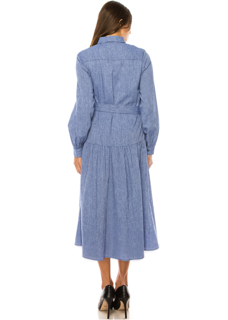 Sky-Blue Linen Buttoned Dress