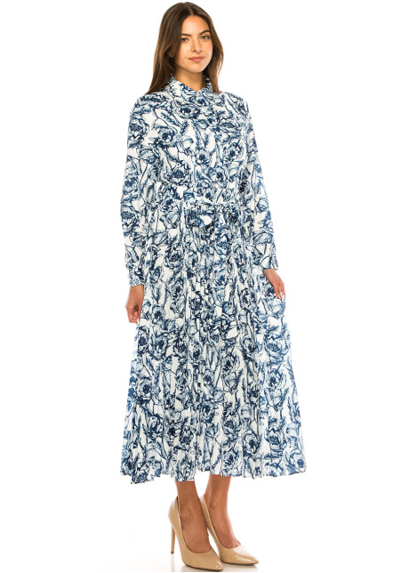 Floral Sketch Belted Shirt Dress – Modest Chic