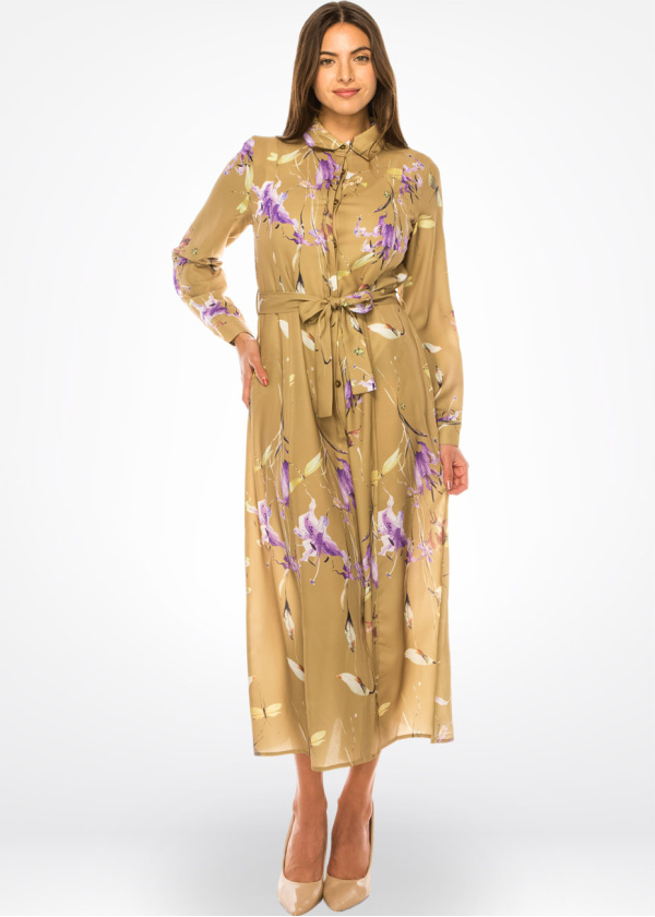 Modest Camel Floral Grace Dress