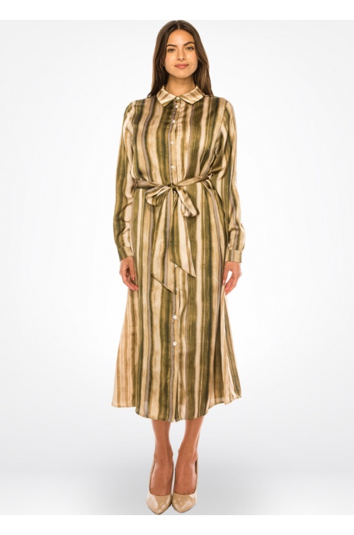 Olive Stripe Belted Midi Dress