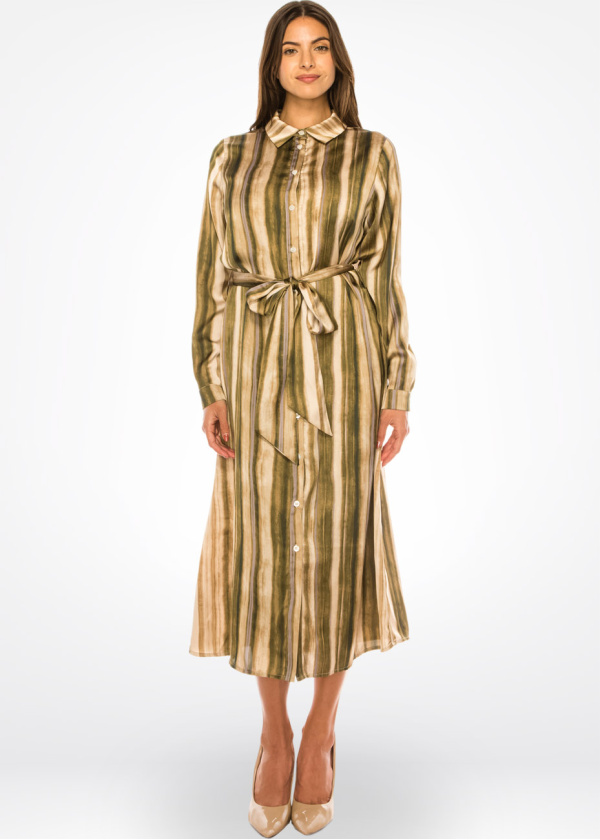 Olive Stripe Belted Midi Dress