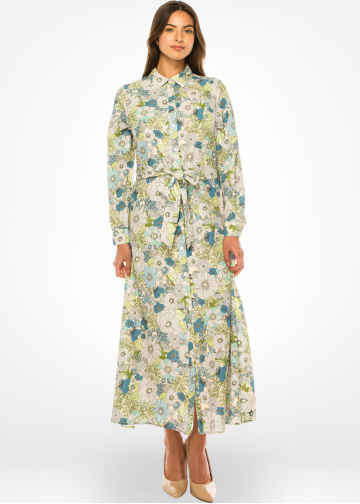 Green Floral Maxi Dress with Belt