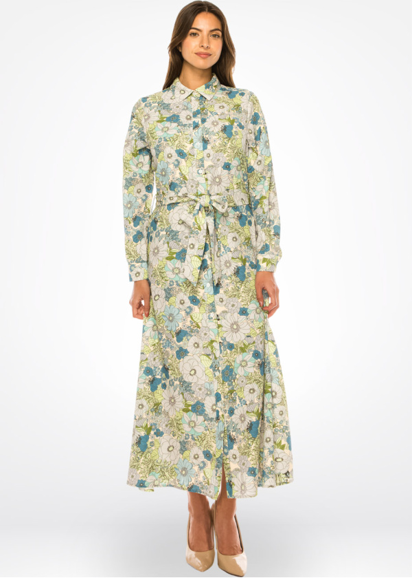 Green Floral Maxi Dress with Belt