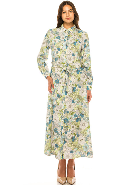 Green Floral Maxi Dress with Belt