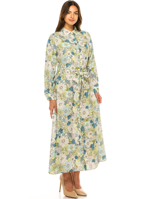 Green Floral Maxi Dress with Belt