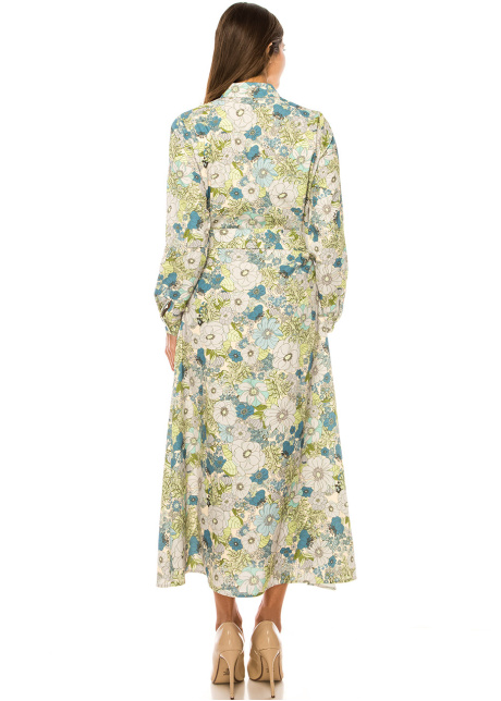 Green Floral Maxi Dress with Belt