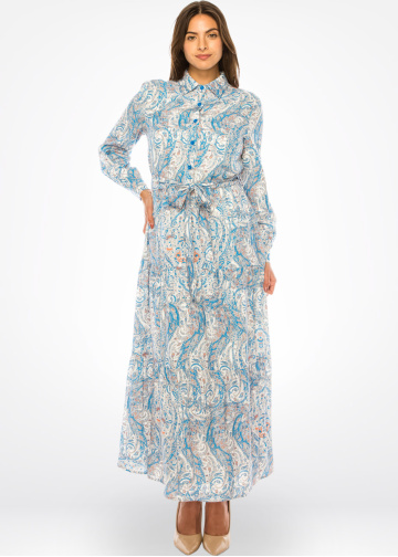 Abstract Skyline Belted Dress – Poised Sophistication