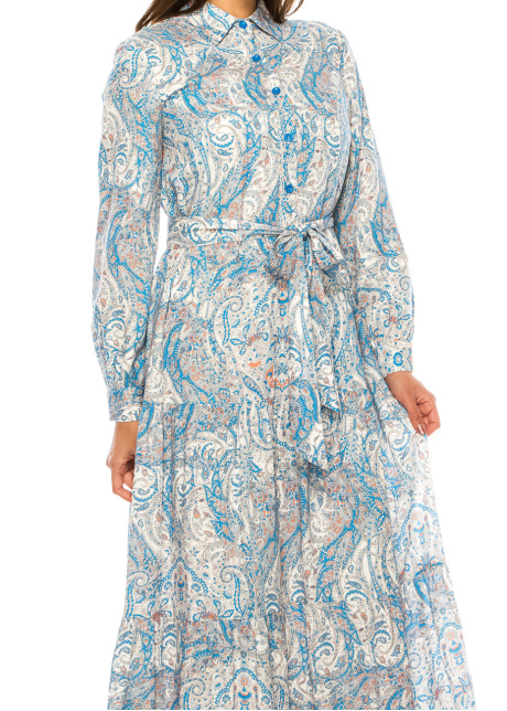 Abstract Skyline Belted Dress – Poised Sophistication
