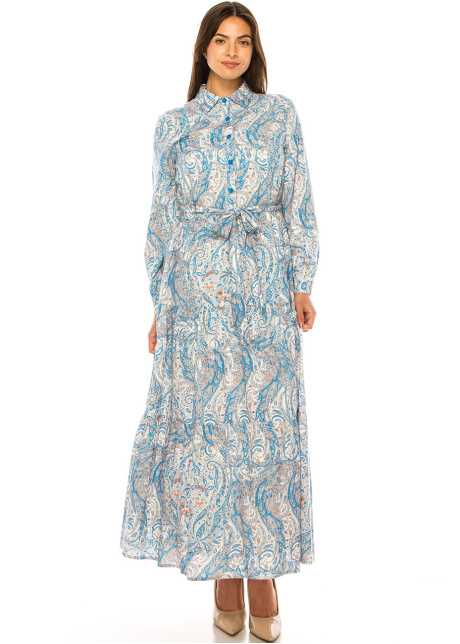 Abstract Skyline Belted Dress – Poised Sophistication