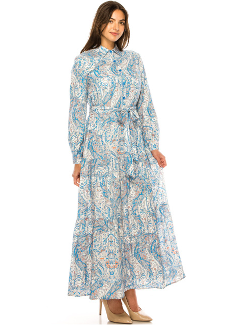 Abstract Skyline Belted Dress – Poised Sophistication