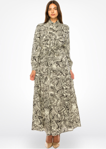 Elegant Swirl Belted Maxi Dress - Classic Monochrome