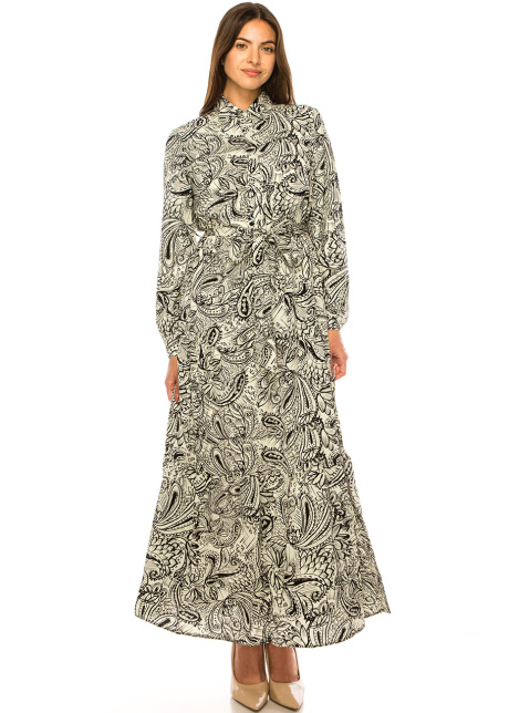 Elegant Swirl Belted Maxi Dress - Classic Monochrome