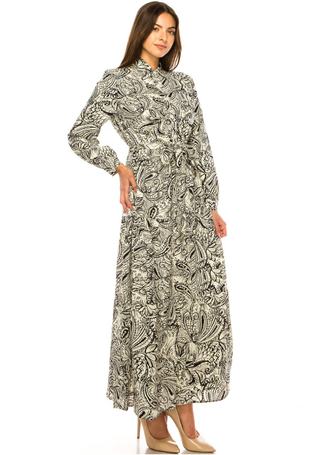 Elegant Swirl Belted Maxi Dress - Classic Monochrome