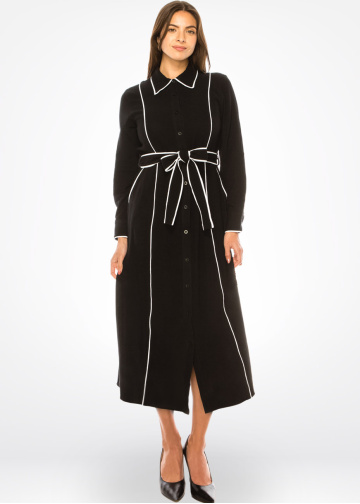 Black Chic Contrast Piped Shirt Dress