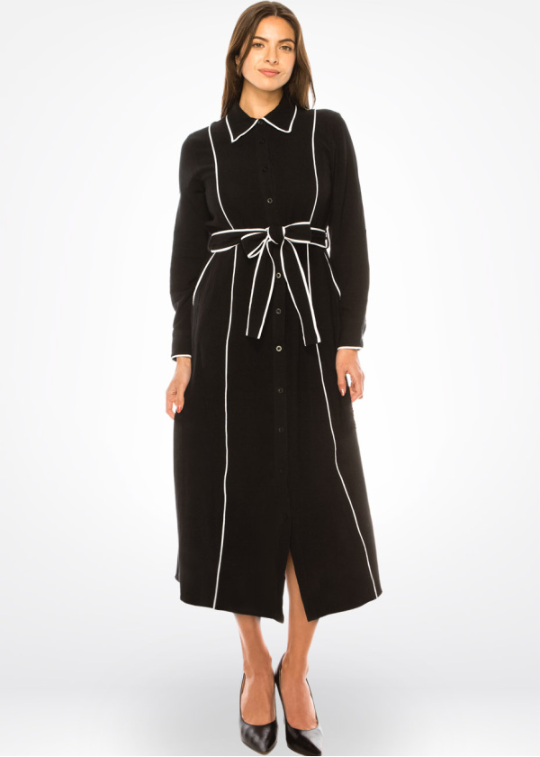 Black Chic Contrast Piped Shirt Dress