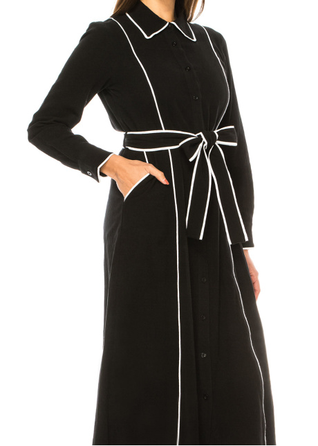 Black Chic Contrast Piped Shirt Dress